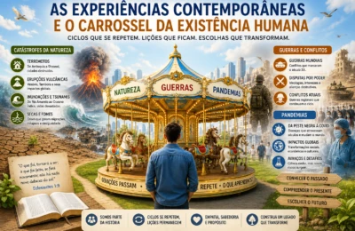 Ilustração representando o carrossel da existência humana com guerras, pandemias, catástrofes naturais e ciclos da história