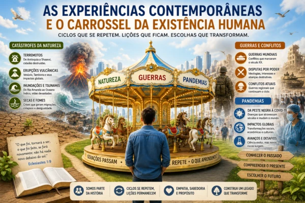 Ilustração representando o carrossel da existência humana com guerras, pandemias, catástrofes naturais e ciclos da história