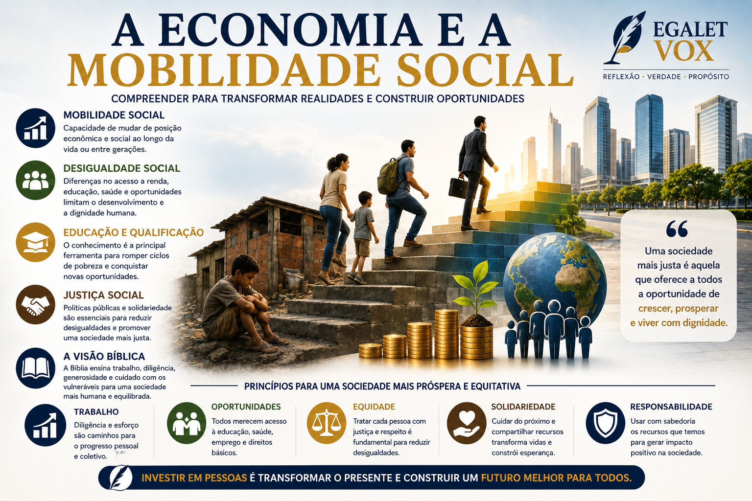 Economia e mobilidade social representadas por pessoas ascendendo socialmente através da educação, oportunidades e justiça social em cenário urbano contemporâneo.