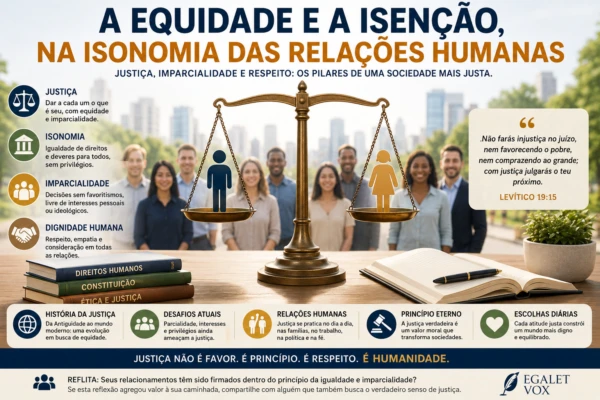 Ilustração moderna representando justiça, equidade, imparcialidade e isonomia nas relações humanas com balança da justiça e diversidade social.