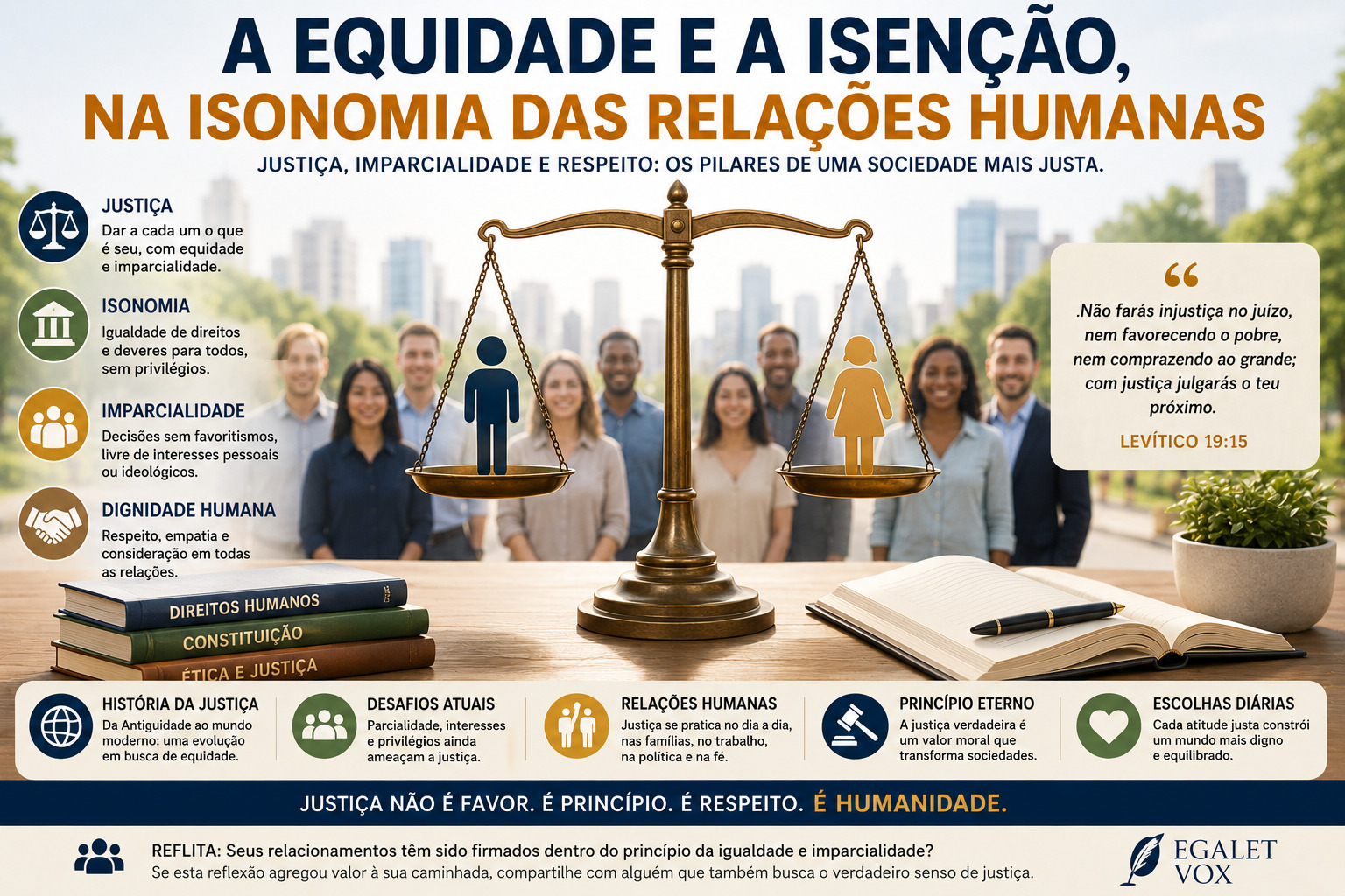 Ilustração moderna representando justiça, equidade, imparcialidade e isonomia nas relações humanas com balança da justiça e diversidade social.