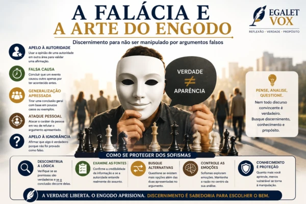 “Ilustração conceitual representando manipulação da informação, sofismos e conflitos entre verdade e engano na sociedade contemporânea.”