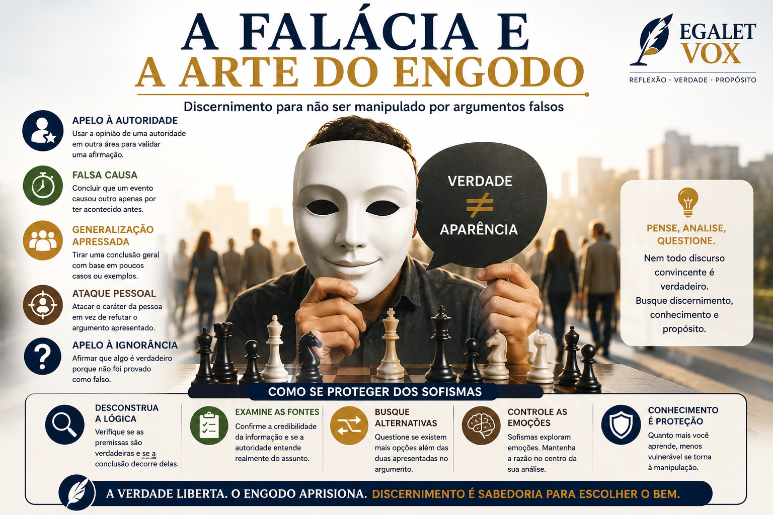 “Ilustração conceitual representando manipulação da informação, sofismos e conflitos entre verdade e engano na sociedade contemporânea.”