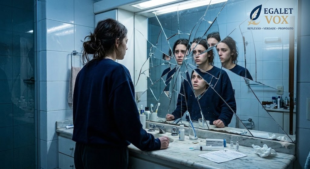 Mulher de costas em um banheiro olhando para o seu reflexo fragmentado em um espelho quebrado. No canto superior direito, está o logotipo da EGALETVOX com os dizeres Reflexão, Verdade e Propósito.