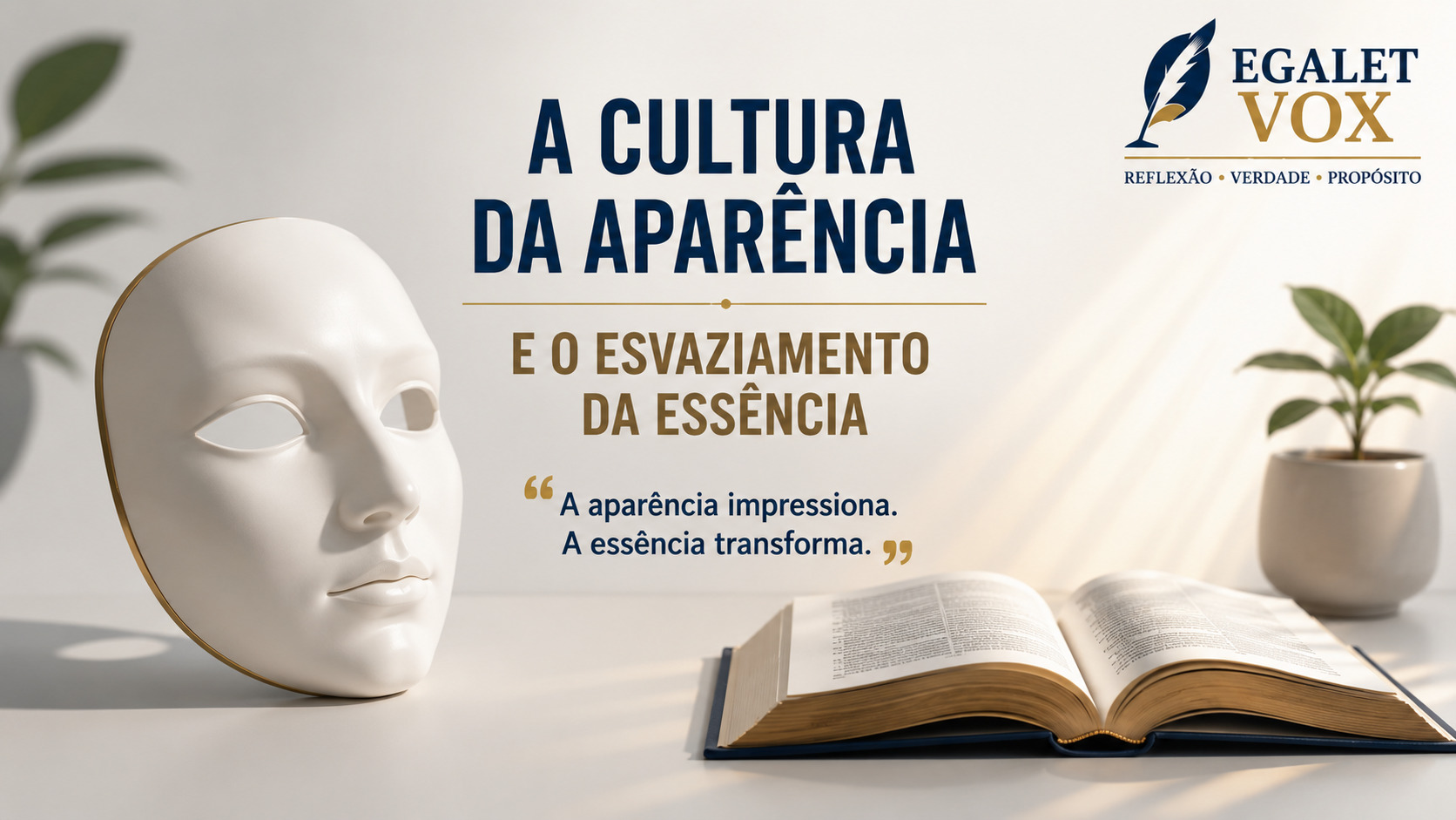 Máscara branca ao lado de um livro aberto simbolizando a diferença entre aparência externa e essência interior nas relações humanas.
