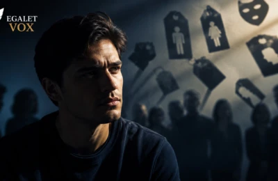Pessoa reflexiva em primeiro plano cercada por sombras e rótulos simbólicos, representando estereótipos, preconceitos e julgamentos sociais no comportamento humano.