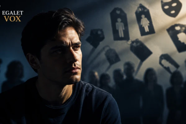 Pessoa reflexiva em primeiro plano cercada por sombras e rótulos simbólicos, representando estereótipos, preconceitos e julgamentos sociais no comportamento humano.