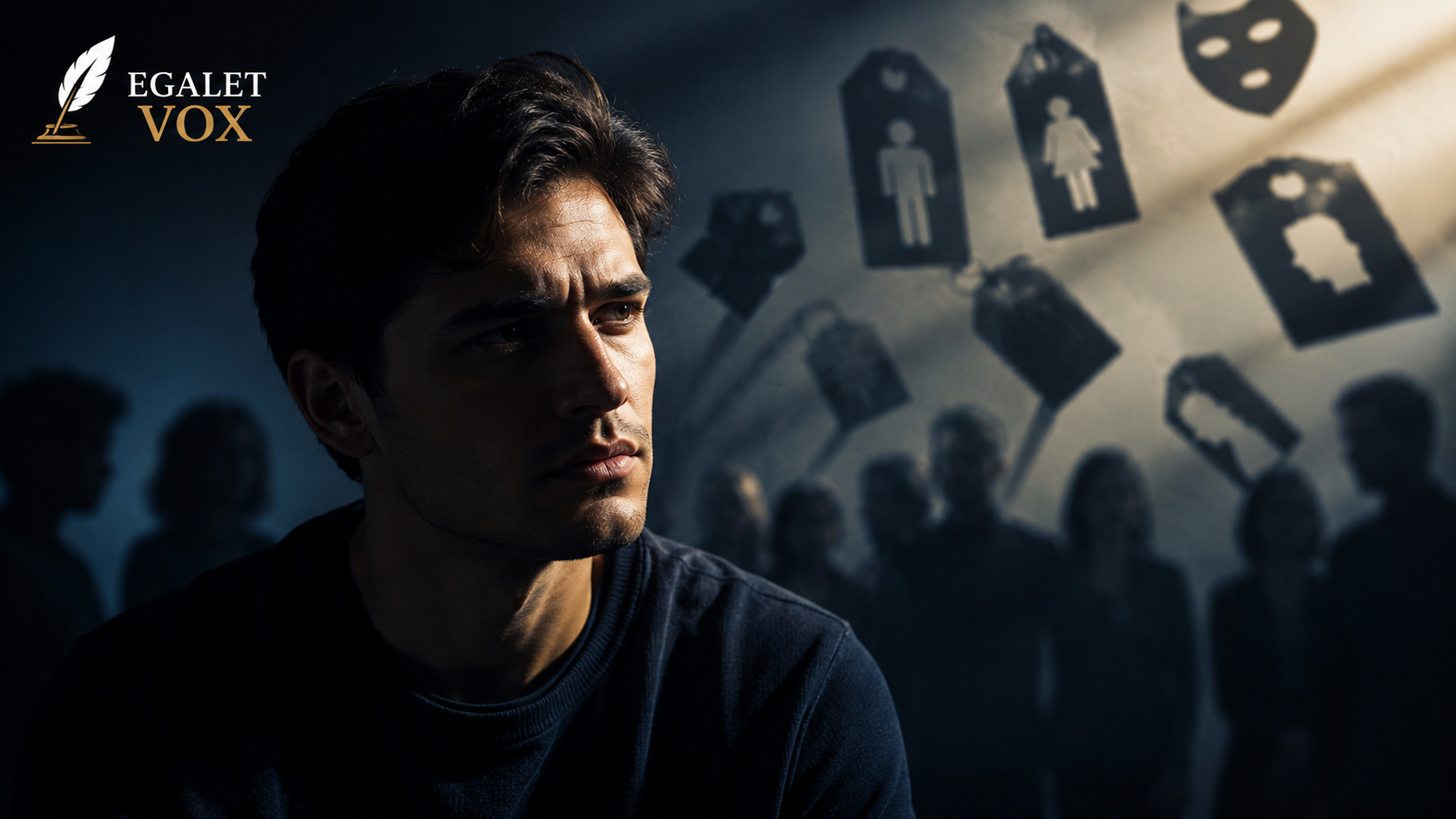 Pessoa reflexiva em primeiro plano cercada por sombras e rótulos simbólicos, representando estereótipos, preconceitos e julgamentos sociais no comportamento humano.