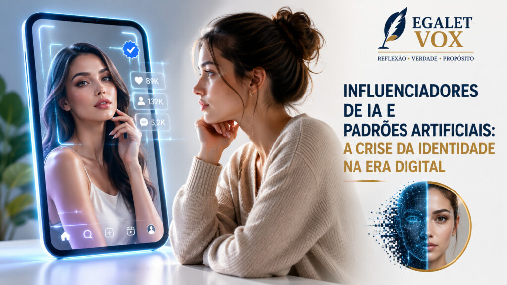 Pessoa refletindo diante de uma influenciadora virtual criada por Inteligência Artificial, representando os padrões artificiais e a crise da identidade digital.