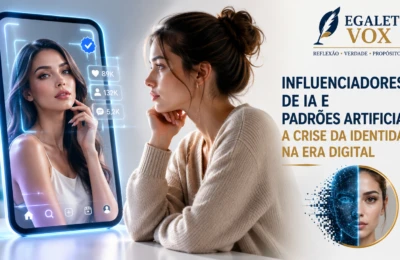 Pessoa refletindo diante de uma influenciadora virtual criada por Inteligência Artificial, representando os padrões artificiais e a crise da identidade digital.