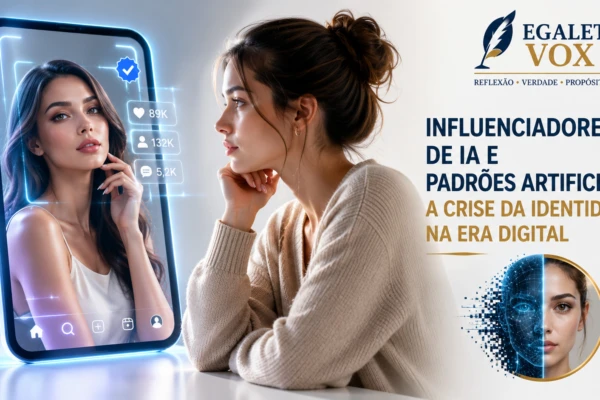 Pessoa refletindo diante de uma influenciadora virtual criada por Inteligência Artificial, representando os padrões artificiais e a crise da identidade digital.