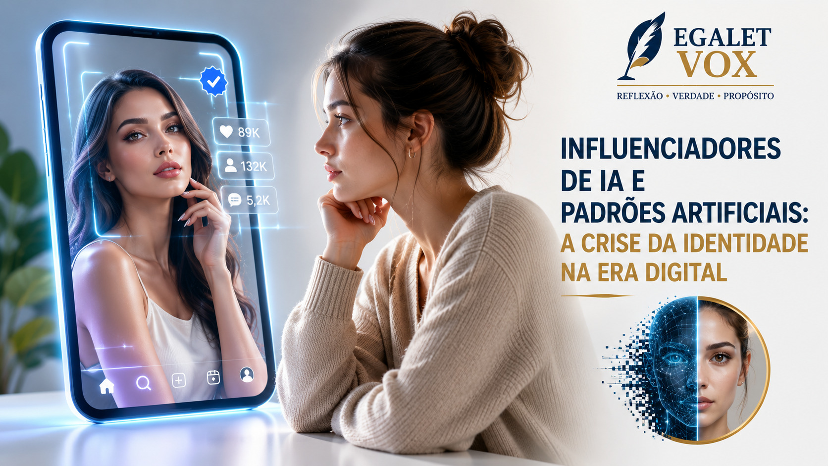 Pessoa refletindo diante de uma influenciadora virtual criada por Inteligência Artificial, representando os padrões artificiais e a crise da identidade digital.