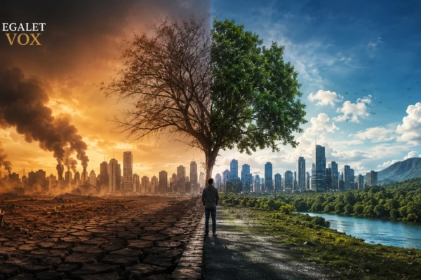 Mudanças climáticas e ação humana representadas por cidade, floresta e eventos extremos