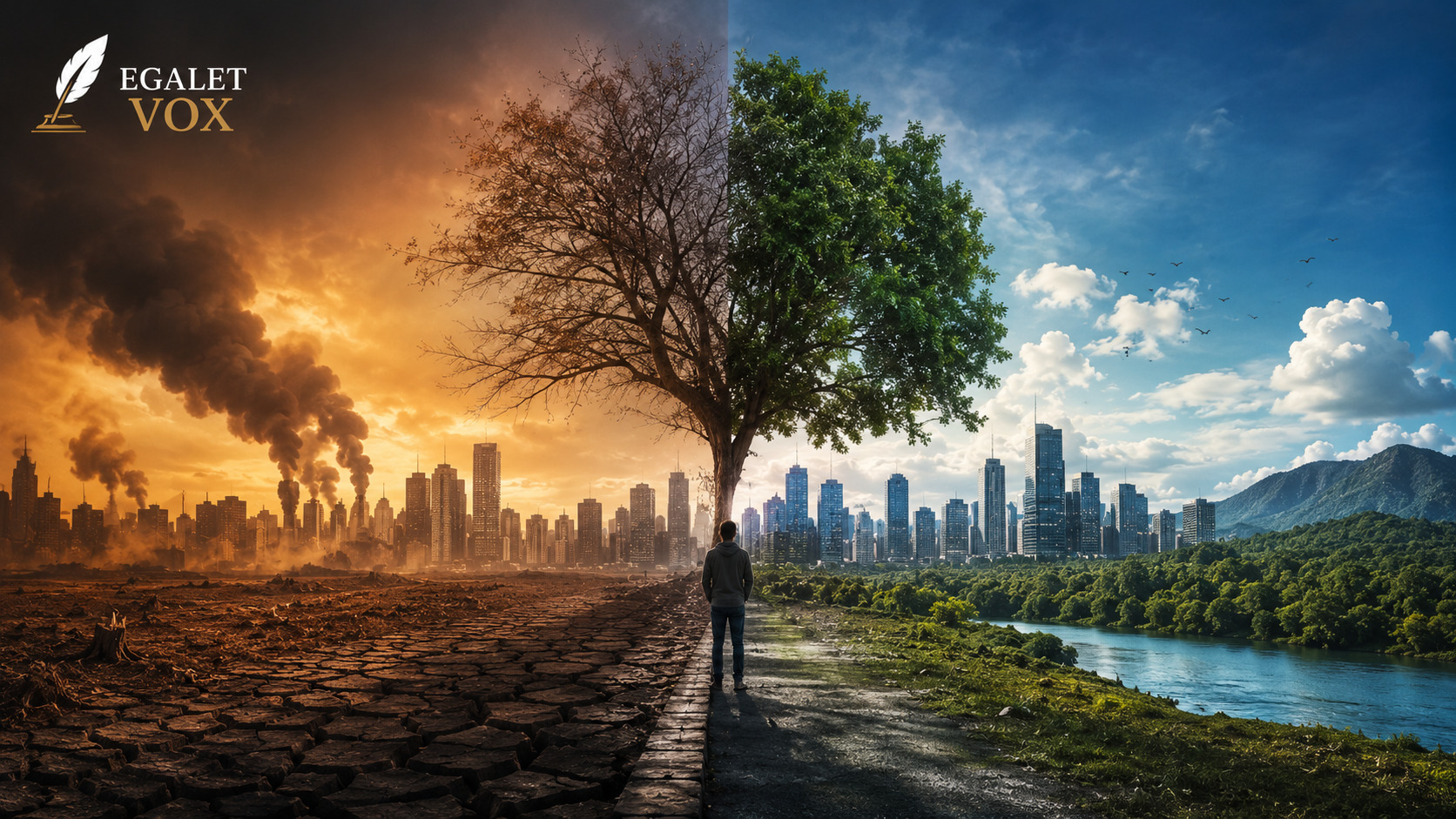 Mudanças climáticas e ação humana representadas por cidade, floresta e eventos extremos