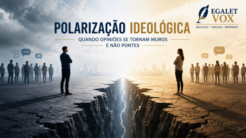 Ilustração de duas pessoas em lados opostos separadas por uma fissura, simbolizando polarização ideológica e fragmentação social.