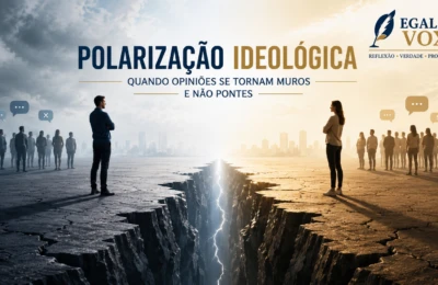 Ilustração de duas pessoas em lados opostos separadas por uma fissura, simbolizando polarização ideológica e fragmentação social.