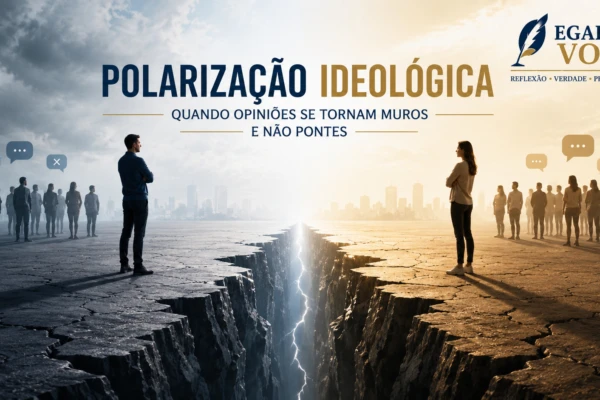 Ilustração de duas pessoas em lados opostos separadas por uma fissura, simbolizando polarização ideológica e fragmentação social.