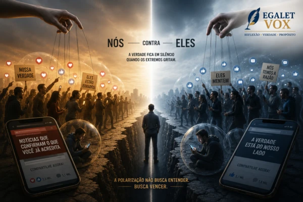 Pessoas em lados opostos separadas por uma linha simbólica, representando polarização e tribalismo político