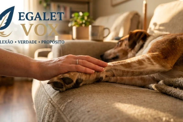 Mão humana e pata de cachorro se tocando suavemente simbolizando o vínculo entre animais e saúde mental