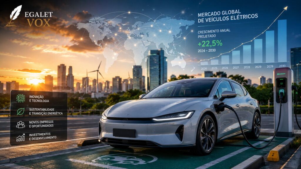 Carros elétricos em linha de produção com mapa-múndi ao fundo simbolizando a geopolítica da economia mundial