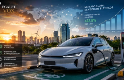 Carros elétricos em linha de produção com mapa-múndi ao fundo simbolizando a geopolítica da economia mundial