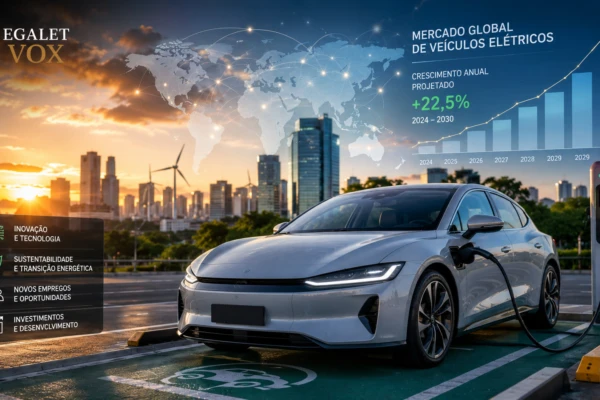 Carros elétricos em linha de produção com mapa-múndi ao fundo simbolizando a geopolítica da economia mundial