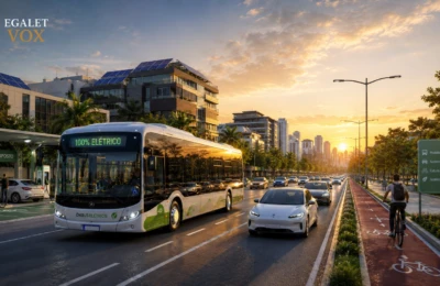 Ônibus elétrico circulando por avenida arborizada de cidade brasileira, representando a mobilidade elétrica no Brasil