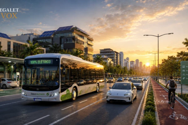 Ônibus elétrico circulando por avenida arborizada de cidade brasileira, representando a mobilidade elétrica no Brasil