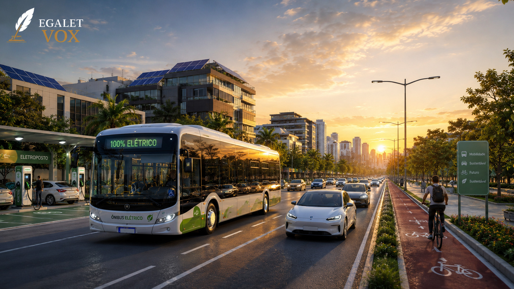 Ônibus elétrico circulando por avenida arborizada de cidade brasileira, representando a mobilidade elétrica no Brasil