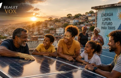 Comunidade brasileira utilizando energia solar, simbolizando energia sustentável, cidadania e inclusão social.