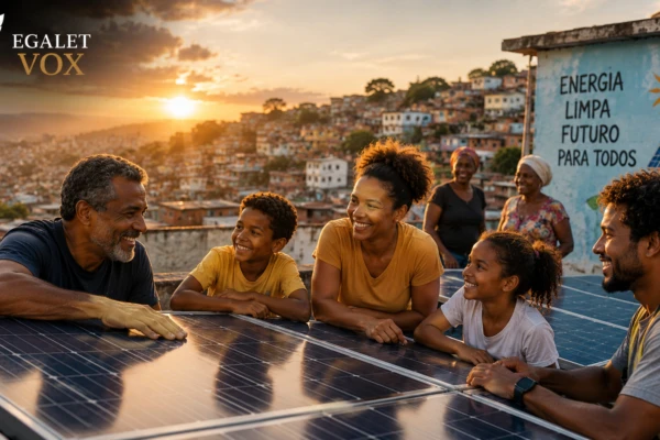 Comunidade brasileira utilizando energia solar, simbolizando energia sustentável, cidadania e inclusão social.