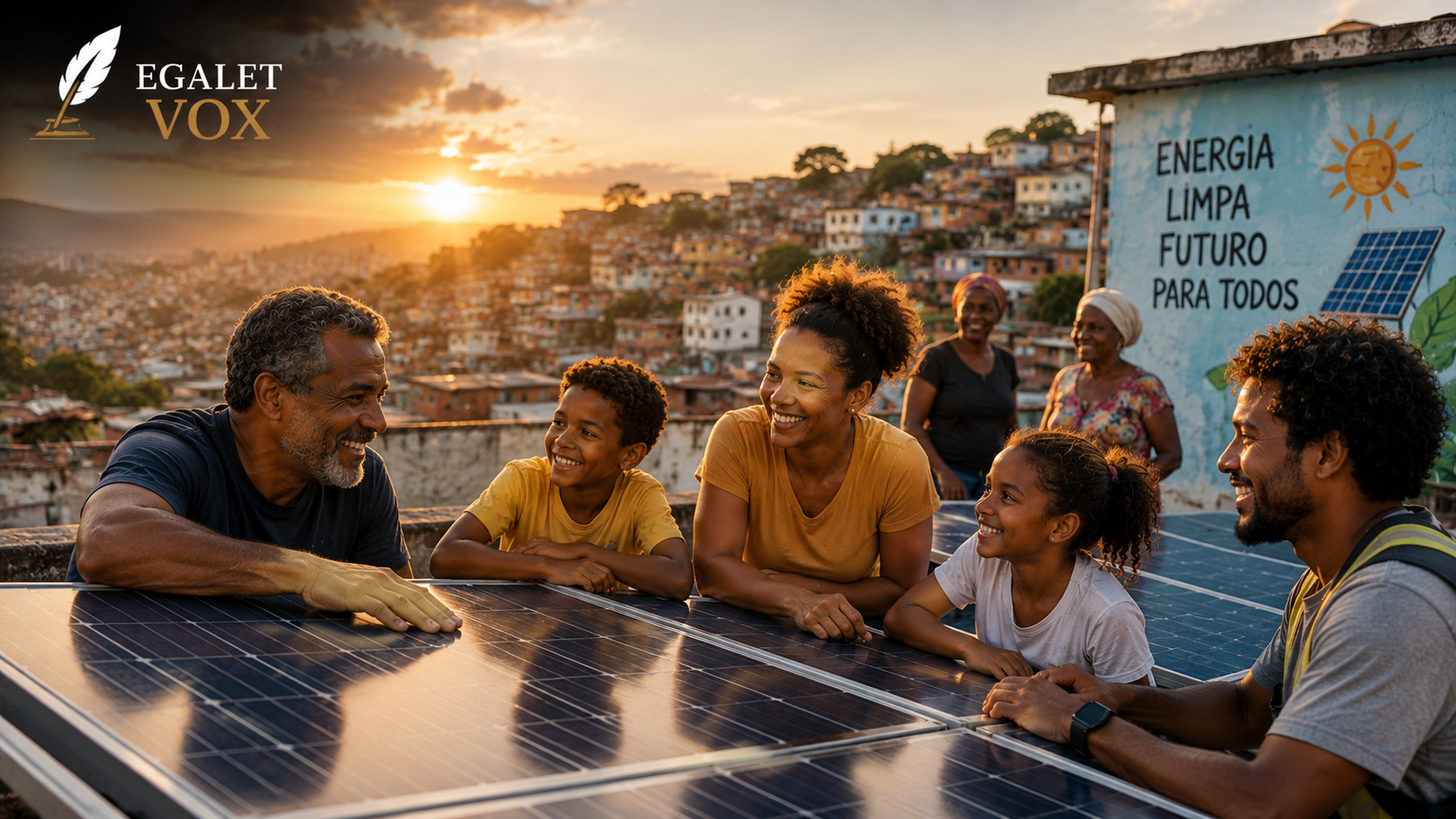 Comunidade brasileira utilizando energia solar, simbolizando energia sustentável, cidadania e inclusão social.