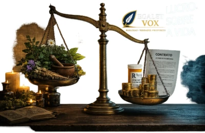 Mãos segurando ervas medicinais em contraste com a indústria farmacêutica, representando o embate entre medicina alternativa e o poder do capital