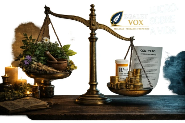 Mãos segurando ervas medicinais em contraste com a indústria farmacêutica, representando o embate entre medicina alternativa e o poder do capital