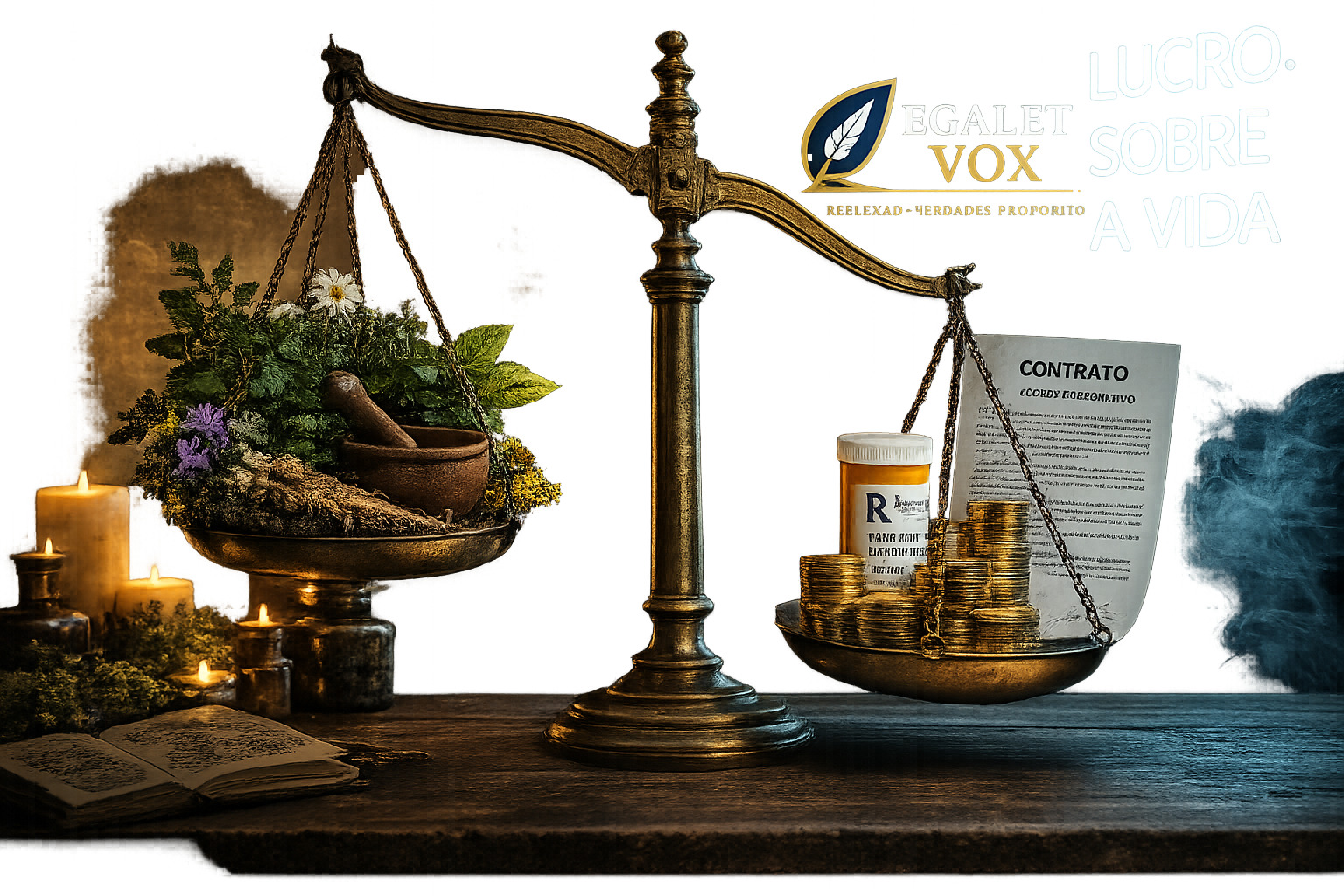 Mãos segurando ervas medicinais em contraste com a indústria farmacêutica, representando o embate entre medicina alternativa e o poder do capital