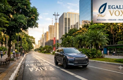 Carro elétrico silencioso trafegando em avenida arborizada de cidade brasileira com edifícios modernos ao fundo