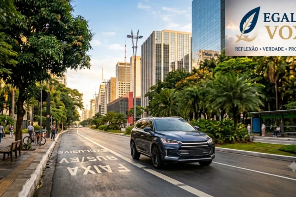 Carro elétrico silencioso trafegando em avenida arborizada de cidade brasileira com edifícios modernos ao fundo