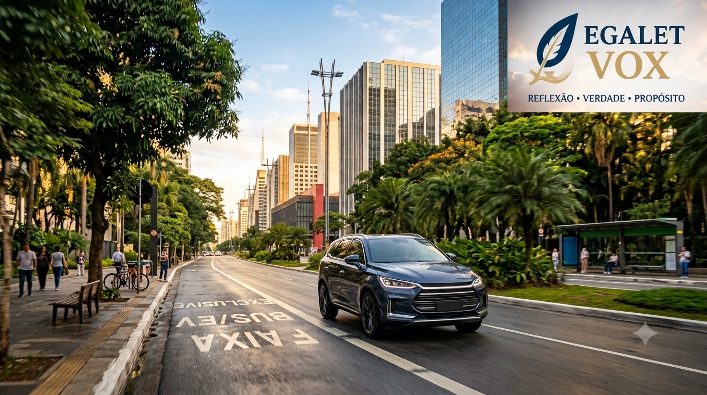 Carro elétrico silencioso trafegando em avenida arborizada de cidade brasileira com edifícios modernos ao fundo