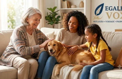 Família reunida em sala de estar com cachorro no centro simbolizando pets e convivência familiar