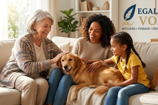 Família reunida em sala de estar com cachorro no centro simbolizando pets e convivência familiar
