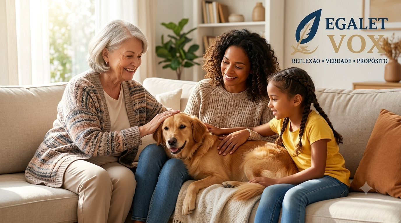 Família reunida em sala de estar com cachorro no centro simbolizando pets e convivência familiar