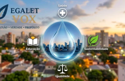 Infográfico sobre saneamento básico e isonomia social no Brasil mostrando os 3 pilares da justiça social: acesso à água potável, tratamento de esgoto e impacto positivo na saúde e educação de comunidades vulneráveis