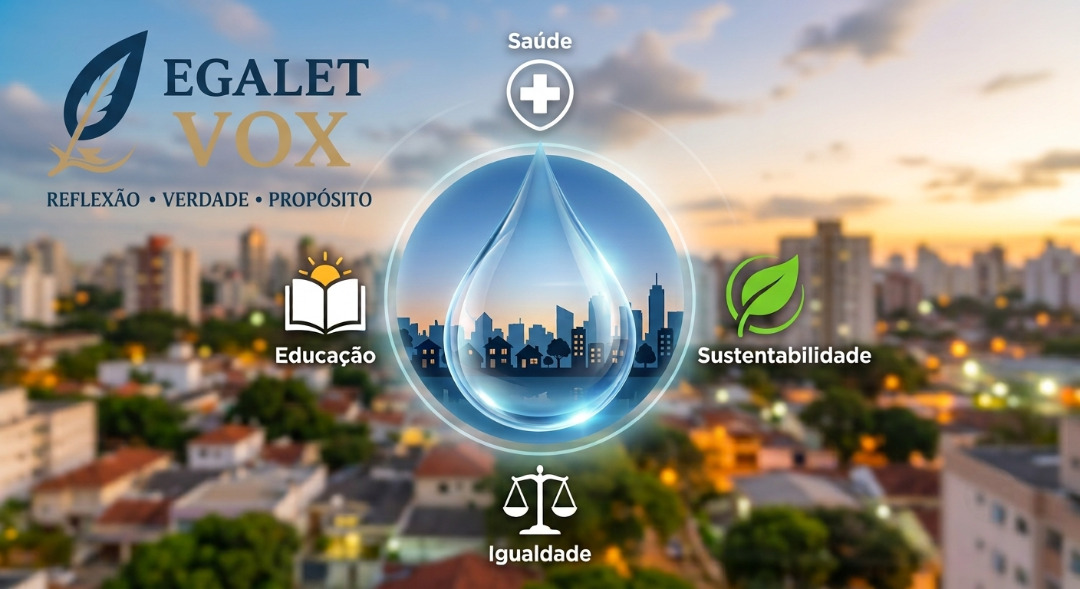 Infográfico sobre saneamento básico e isonomia social no Brasil mostrando os 3 pilares da justiça social: acesso à água potável, tratamento de esgoto e impacto positivo na saúde e educação de comunidades vulneráveis