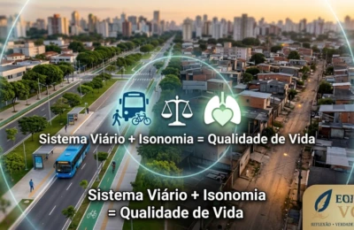 Vista aérea dividida mostrando o contraste urbano entre um bairro planejado com ciclovia e arborização de um lado e ruas não pavimentadas do outro, com o logo EGALET VOX e a frase "Sistema Viário + Isonomia = Qualidade de Vida"