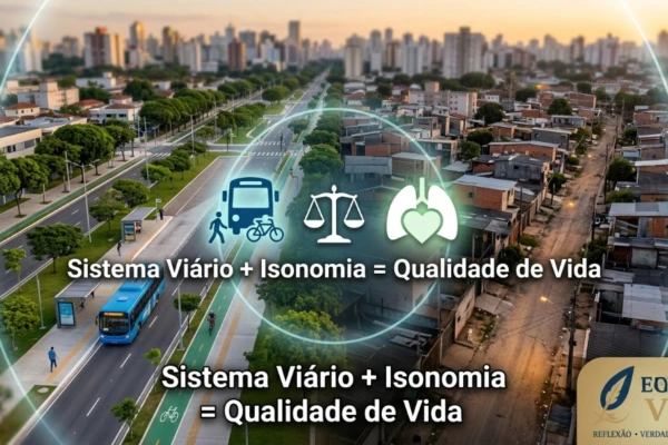 Vista aérea dividida mostrando o contraste urbano entre um bairro planejado com ciclovia e arborização de um lado e ruas não pavimentadas do outro, com o logo EGALET VOX e a frase "Sistema Viário + Isonomia = Qualidade de Vida"