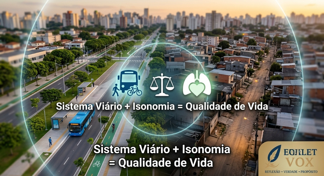 Vista aérea dividida mostrando o contraste urbano entre um bairro planejado com ciclovia e arborização de um lado e ruas não pavimentadas do outro, com o logo EGALET VOX e a frase "Sistema Viário + Isonomia = Qualidade de Vida"