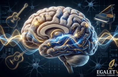 Cérebro humano iluminado por ondas sonoras musicais representando música e desenvolvimento cognitivo