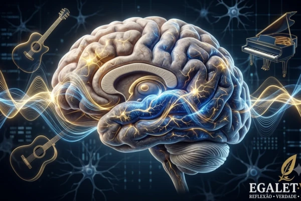 Cérebro humano iluminado por ondas sonoras musicais representando música e desenvolvimento cognitivo