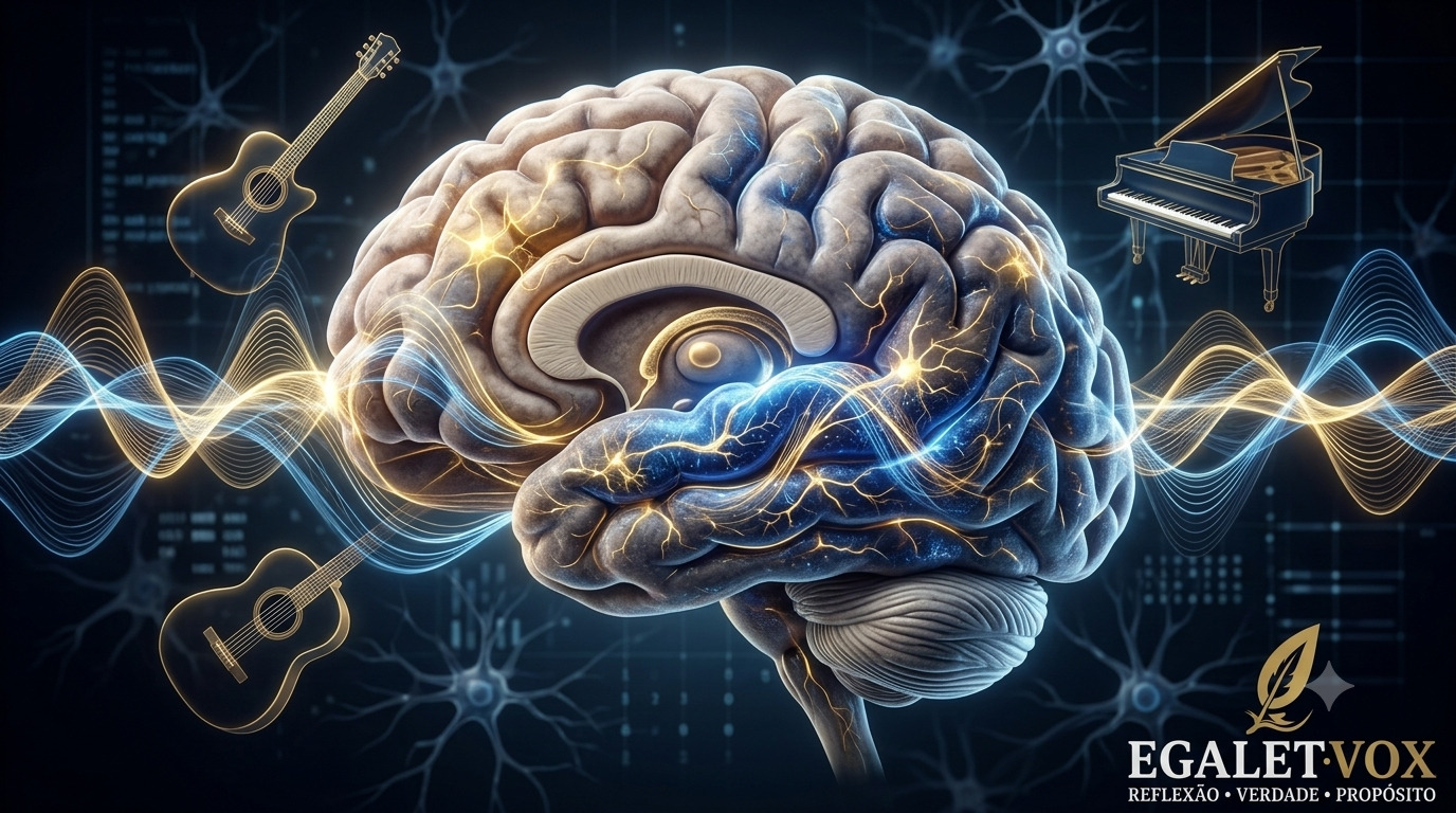 Cérebro humano iluminado por ondas sonoras musicais representando música e desenvolvimento cognitivo