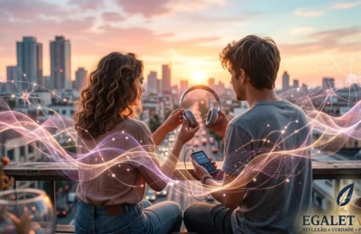 Grupo diverso de pessoas conectadas por ondas sonoras luminosas representando música e interação socioemocional